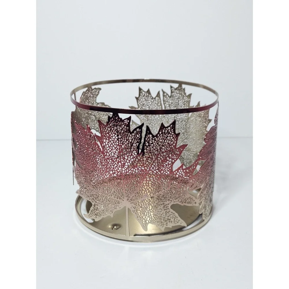 Bath Body Works Ombre Maple Leaves 3 Wick Candle Holder Fall Autumn Metal Sleeve